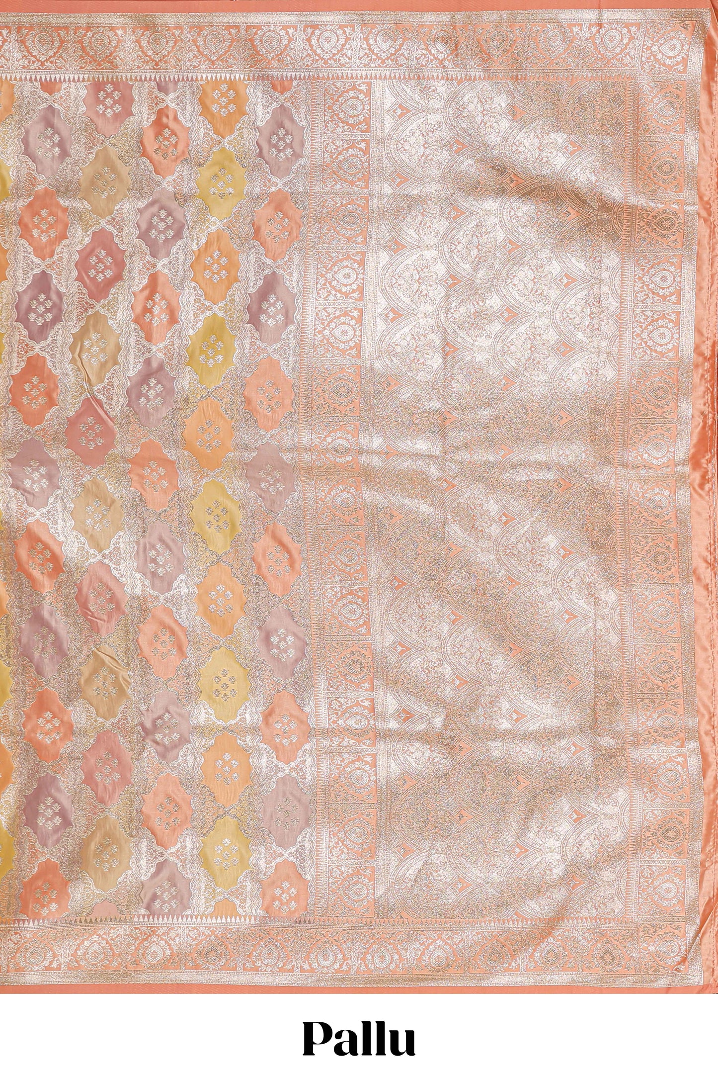 Pastel orange floral design motifs banarasi silk saree with self border and matching floral printed blouse