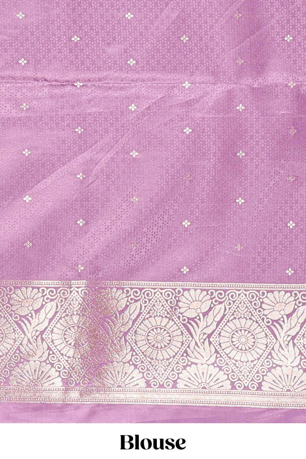 Lavender floral motifs design banarasi silk saree with self cow design border and matching floral printed blouse