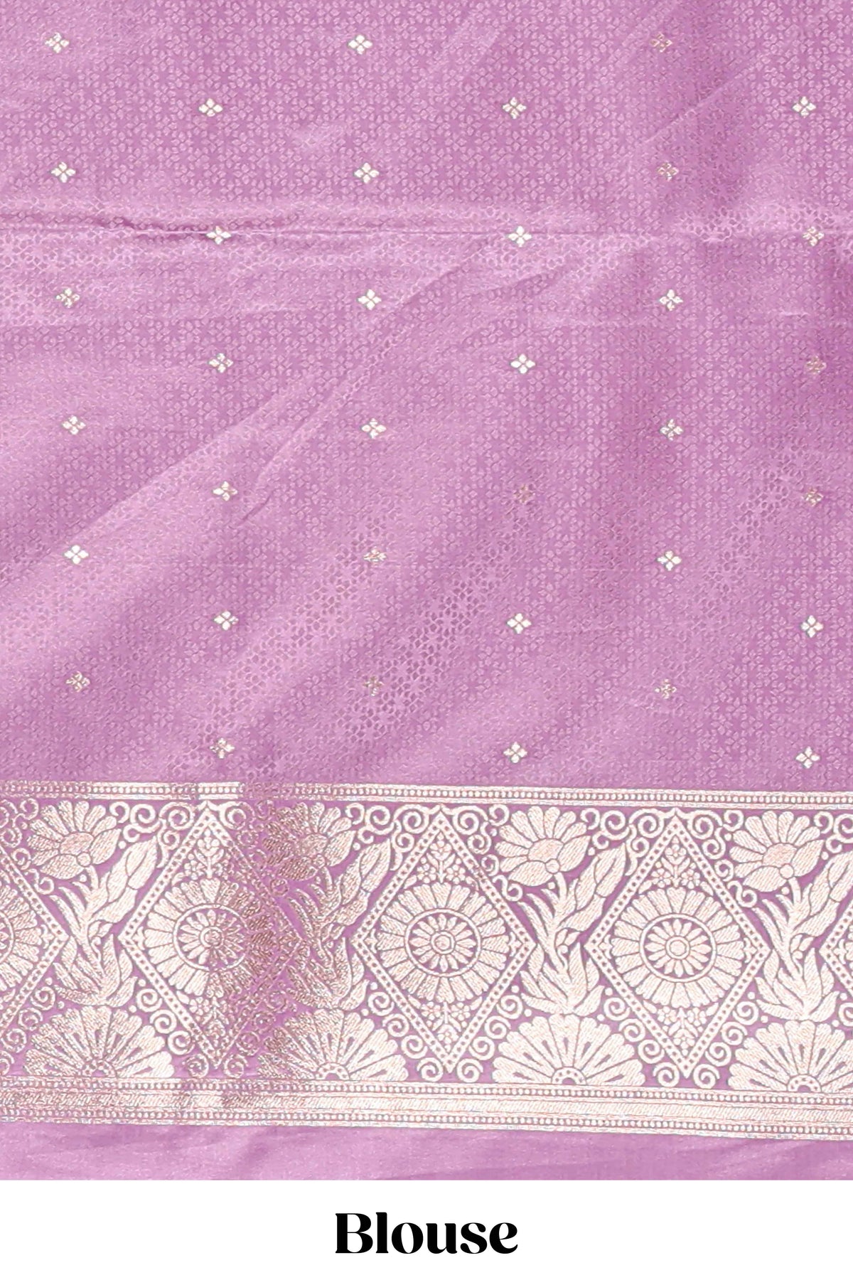 Lavender floral motifs design banarasi silk saree with self cow design border and matching floral printed blouse