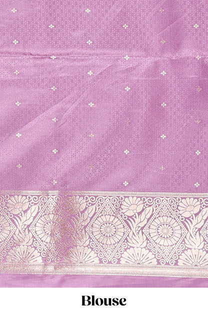 Lavender floral motifs design banarasi silk saree with self cow design border and matching floral printed blouse