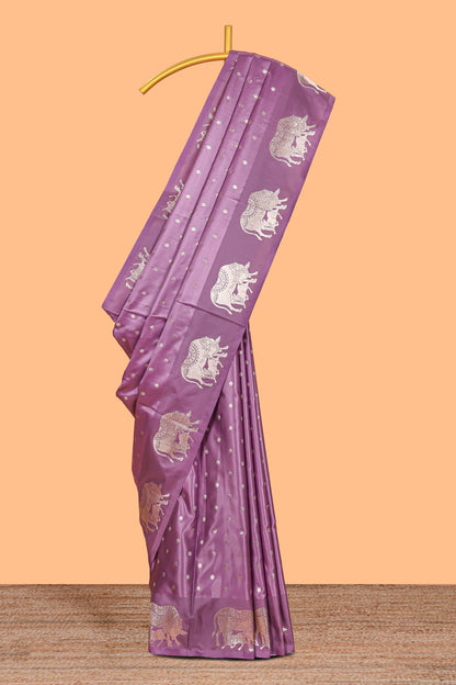 Lavender floral motifs design banarasi silk saree with self cow design border and matching floral printed blouse