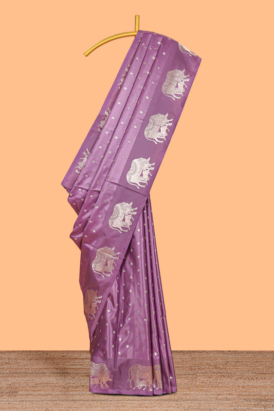 Lavender floral motifs design banarasi silk saree with self cow design border and matching floral printed blouse