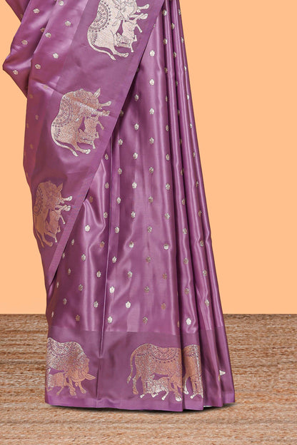 Lavender floral motifs design banarasi silk saree with self cow design border and matching floral printed blouse