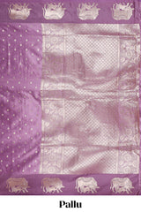Lavender floral motifs design banarasi silk saree with self cow design border and matching floral printed blouse