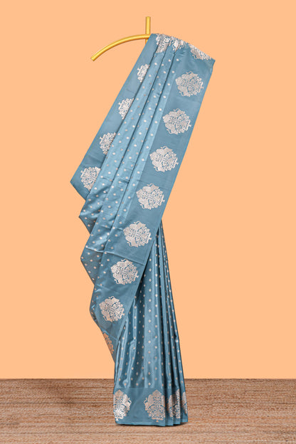 Blue floral motifs design banarasi silk saree with self zari border and matching floral printed blouse