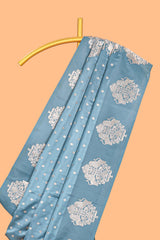 Blue floral motifs design banarasi silk saree with self zari border and matching floral printed blouse