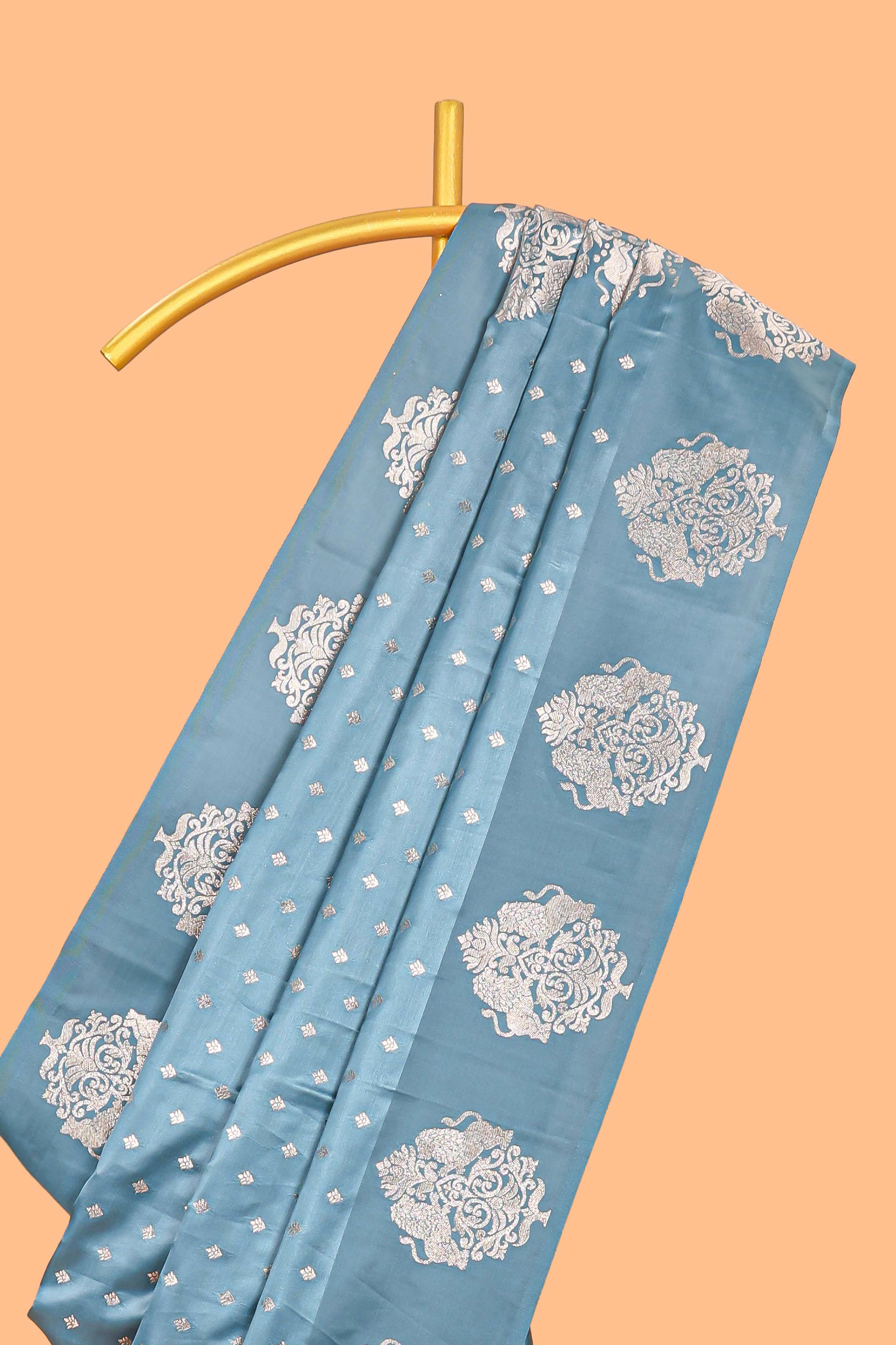 Blue floral motifs design banarasi silk saree with self zari border and matching floral printed blouse