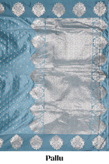 Blue floral motifs design banarasi silk saree with self zari border and matching floral printed blouse
