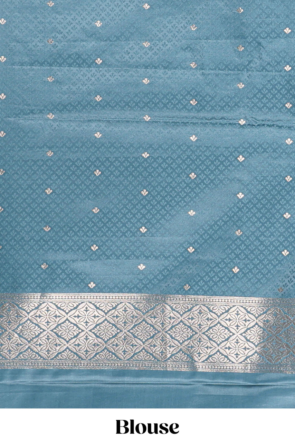 Blue floral motifs design banarasi silk saree with self zari border and matching floral printed blouse