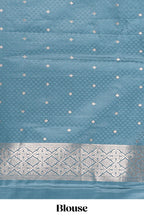 Blue floral motifs design banarasi silk saree with self zari border and matching floral printed blouse