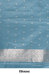 Blue floral motifs design banarasi silk saree with self zari border and matching floral printed blouse