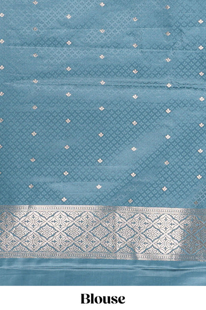 Blue floral motifs design banarasi silk saree with self zari border and matching floral printed blouse