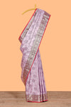 Lavender floral design banarasi silk saree with contrast border and matching floral printed blouse