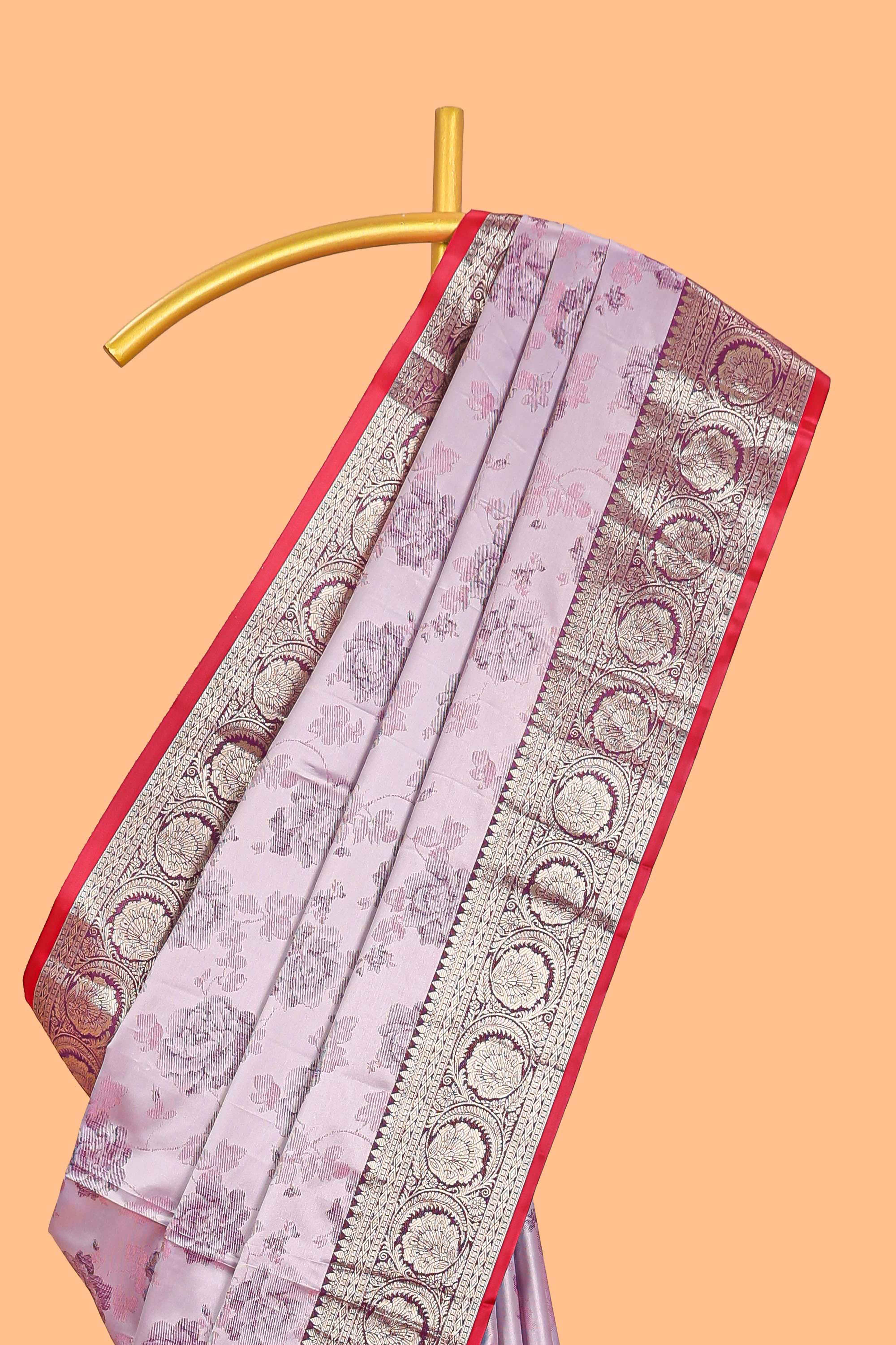Lavender floral design banarasi silk saree with contrast border and matching floral printed blouse