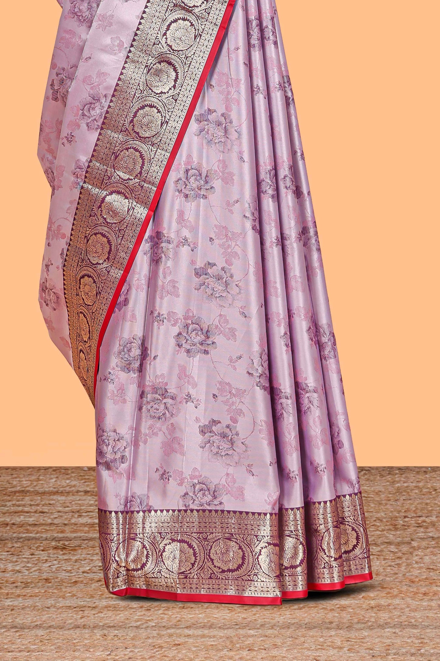 Lavender floral design banarasi silk saree with contrast border and matching floral printed blouse