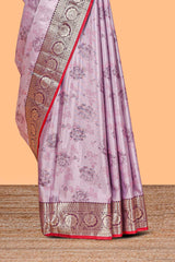 Lavender floral design banarasi silk saree with contrast border and matching floral printed blouse