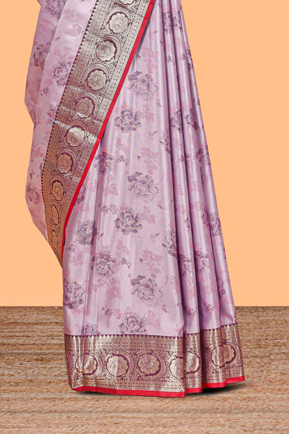 Lavender floral design banarasi silk saree with contrast border and matching floral printed blouse