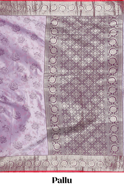 Lavender floral design banarasi silk saree with contrast border and matching floral printed blouse