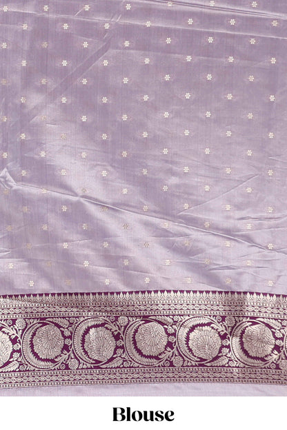 Lavender floral design banarasi silk saree with contrast border and matching floral printed blouse