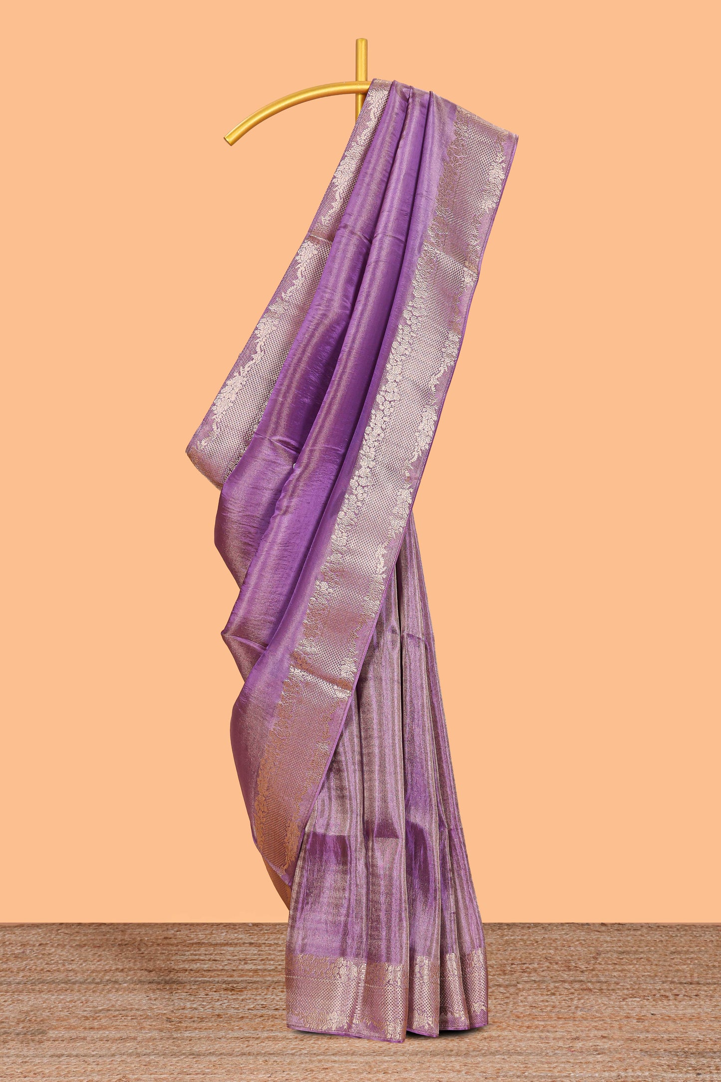 Violet plain banarasi silk saree with self floral design border and contrast printed blouse