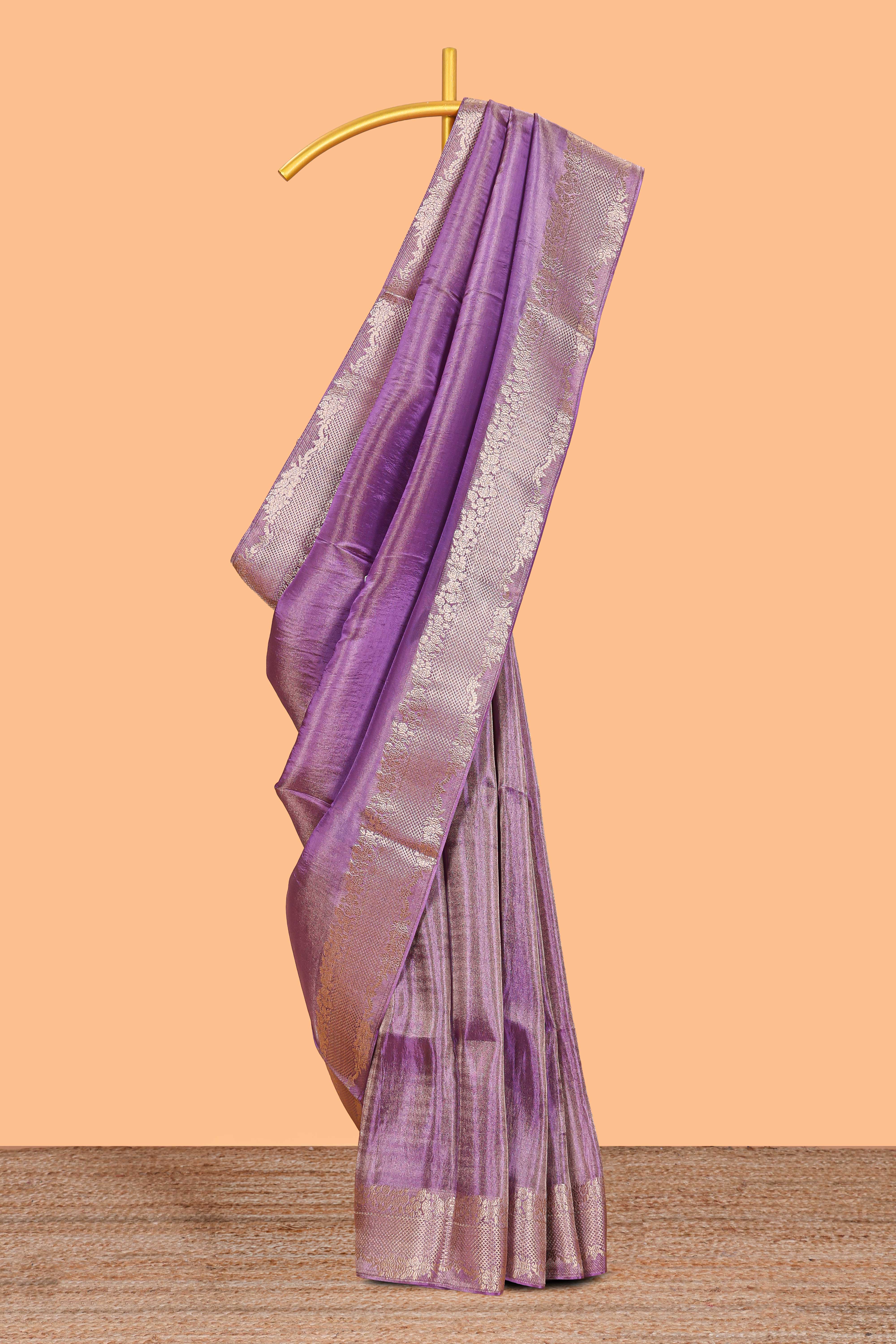 Violet plain banarasi silk saree with self floral design border and contrast printed blouse