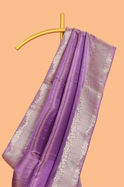 Violet plain banarasi silk saree with self floral design border and contrast printed blouse