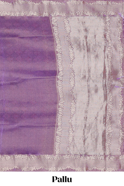 Violet plain banarasi silk saree with self floral design border and contrast printed blouse