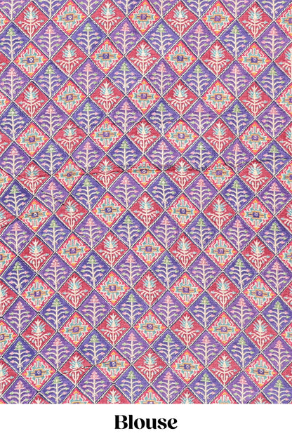 Violet plain banarasi silk saree with self floral design border and contrast printed blouse