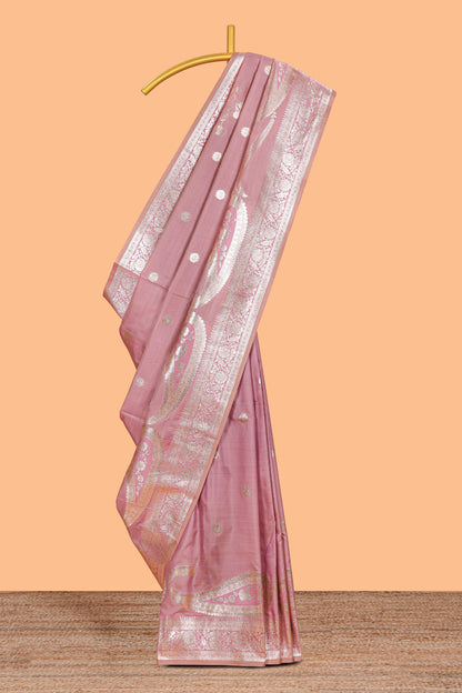 Pink floral design motifs banarasi silk saree with self border and matching floral print blouse