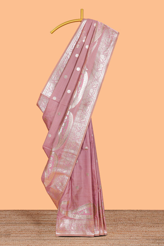 Pink floral design motifs banarasi silk saree with self border and matching floral print blouse