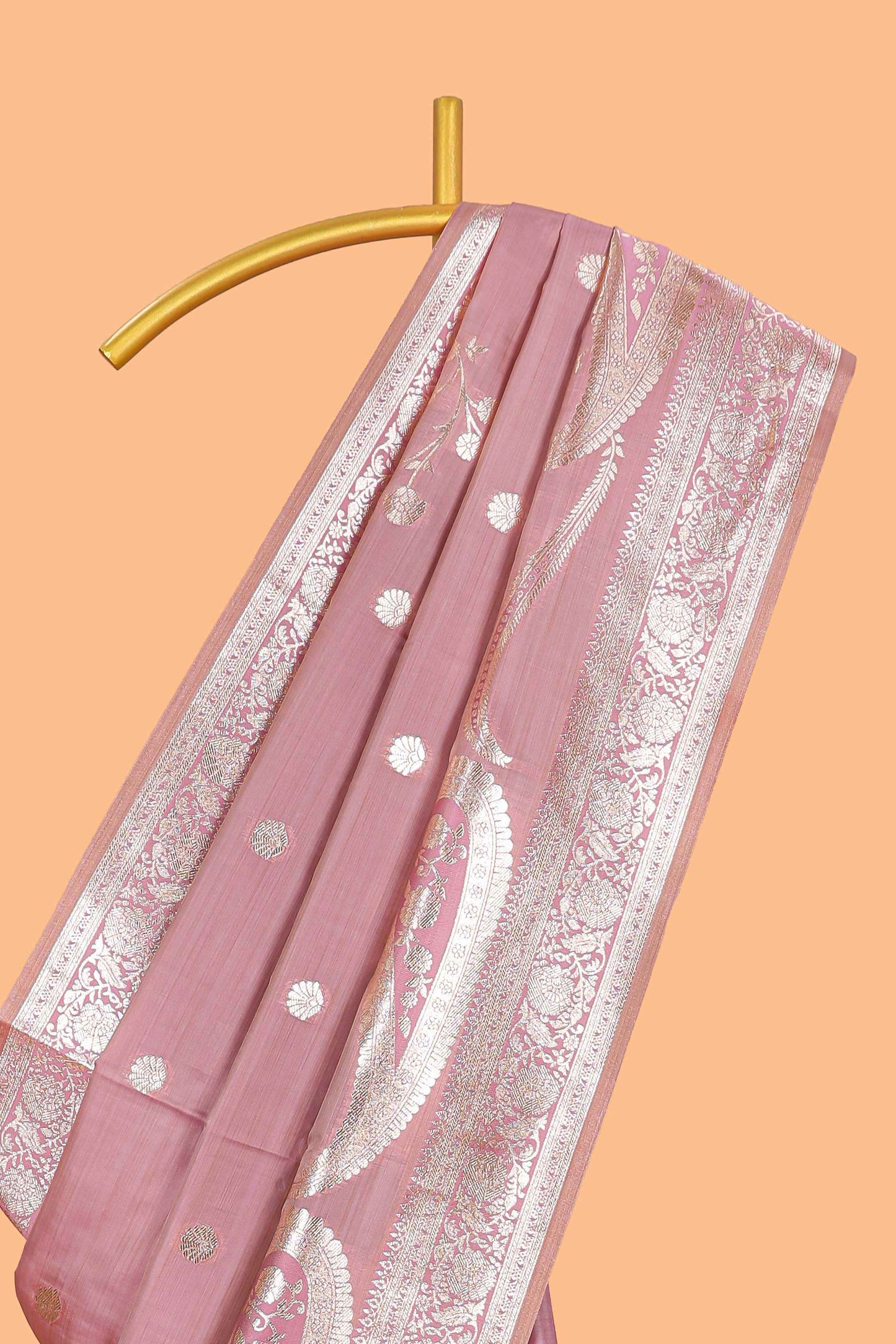 Pink floral design motifs banarasi silk saree with self border and matching floral print blouse