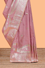 Pink floral design motifs banarasi silk saree with self border and matching floral print blouse