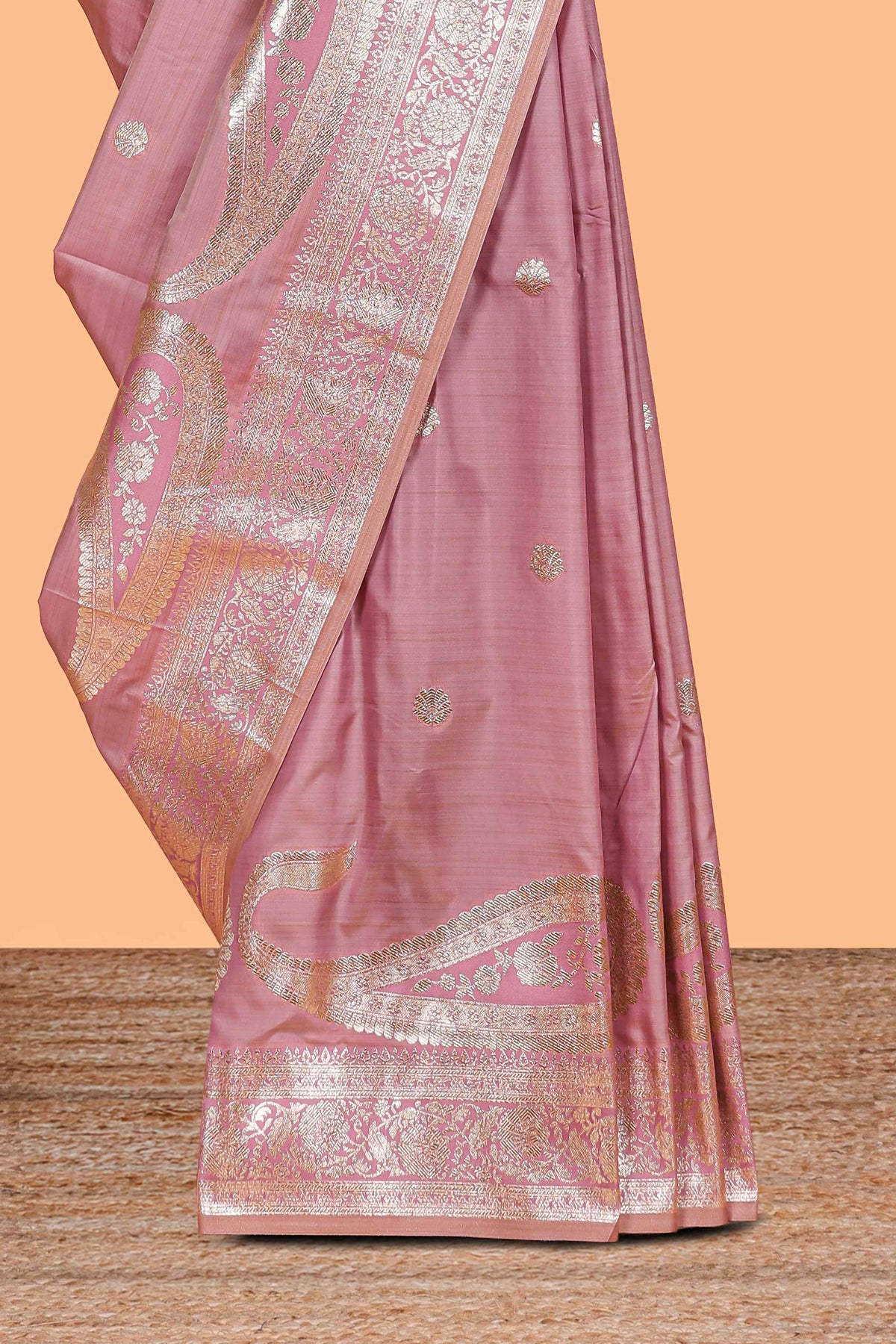 Pink floral design motifs banarasi silk saree with self border and matching floral print blouse