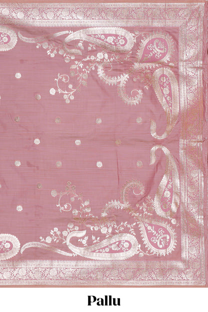 Pink floral design motifs banarasi silk saree with self border and matching floral print blouse