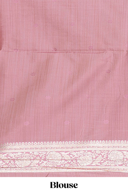 Pink floral design motifs banarasi silk saree with self border and matching floral print blouse