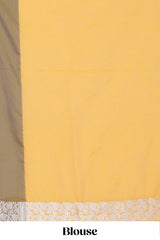 Yellow zari motifs design banarasi silk saree with contrast border and matching blouse