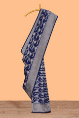 Royal blue floral vines design banarasi silk saree with self border and matching blouse