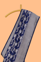 Royal blue floral vines design banarasi silk saree with self border and matching blouse