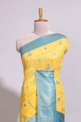 Yellow zari motifs design banarasi silk saree with contrast zari border and buttas blouse