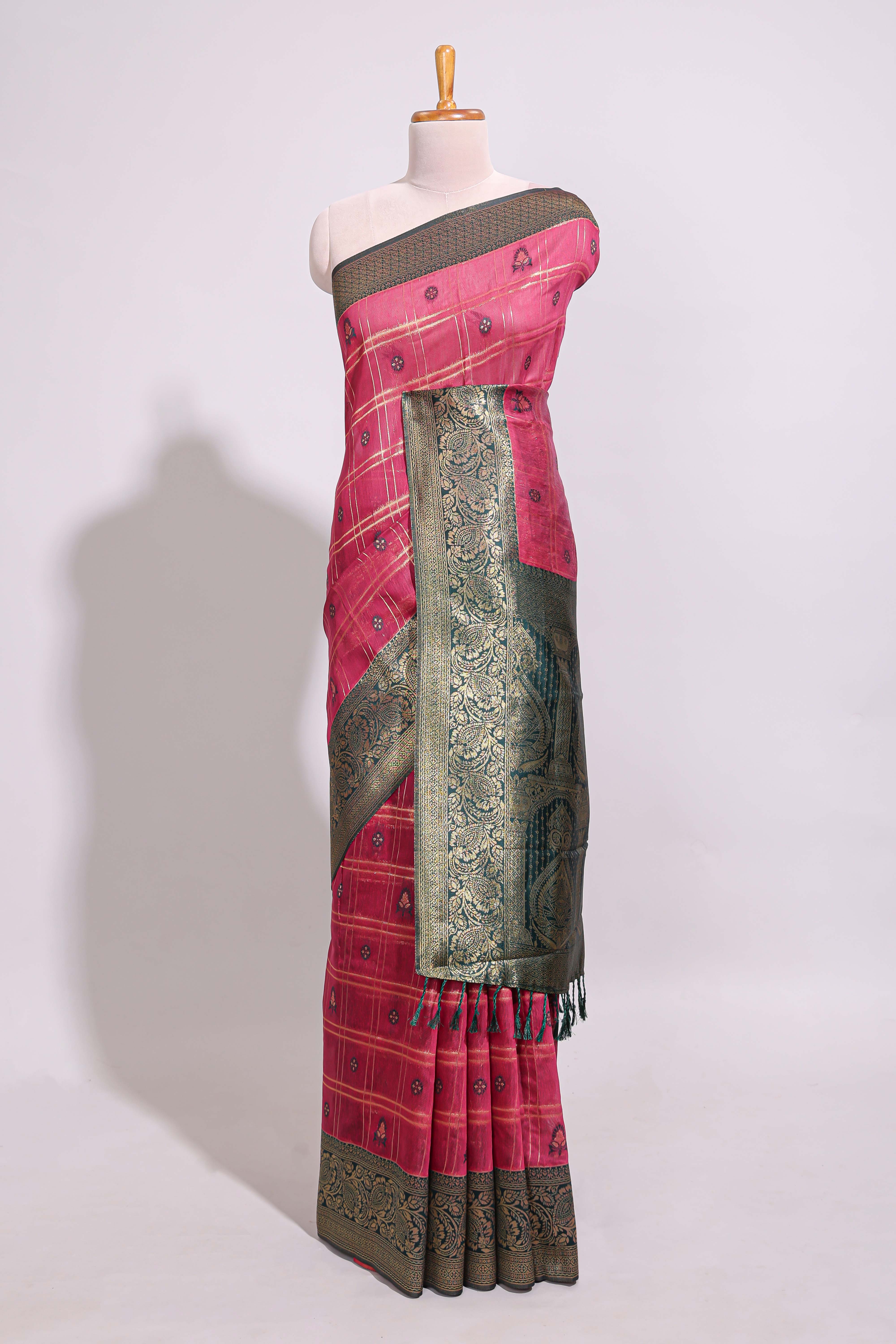 Maroon zari motifs design banarasi silk saree with contrast zari border and buttas blouse