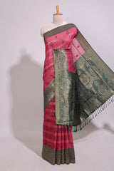 Maroon zari motifs design banarasi silk saree with contrast zari border and buttas blouse