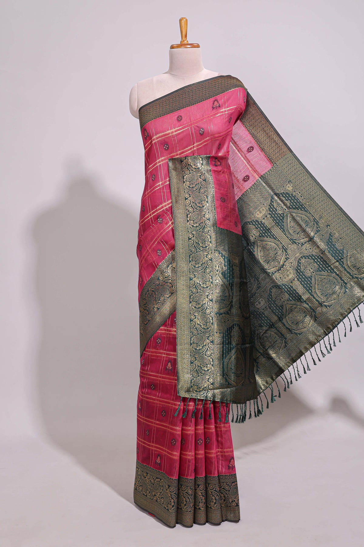 Maroon zari motifs design banarasi silk saree with contrast zari border and buttas blouse