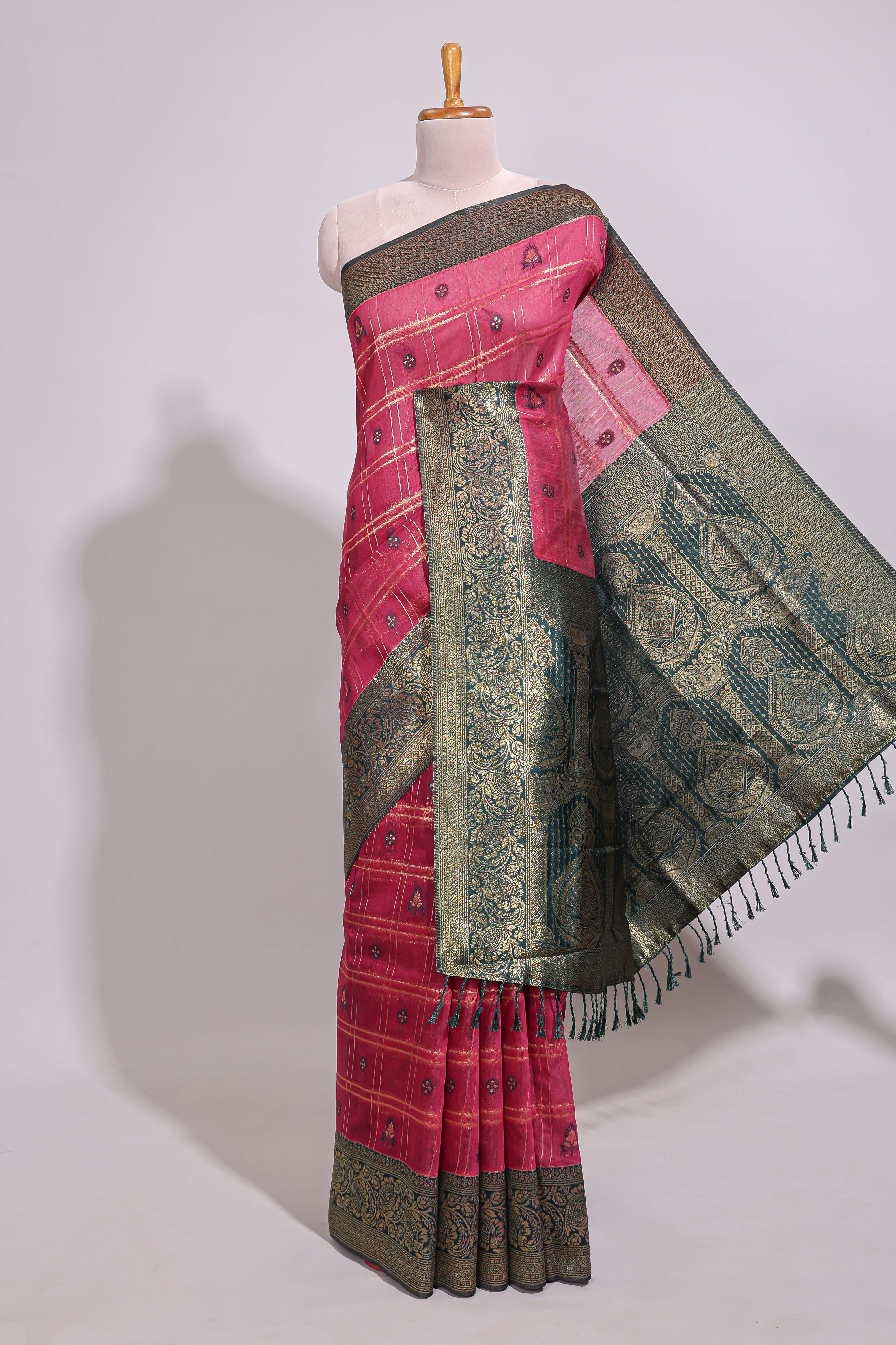 Maroon zari motifs design banarasi silk saree with contrast zari border and buttas blouse