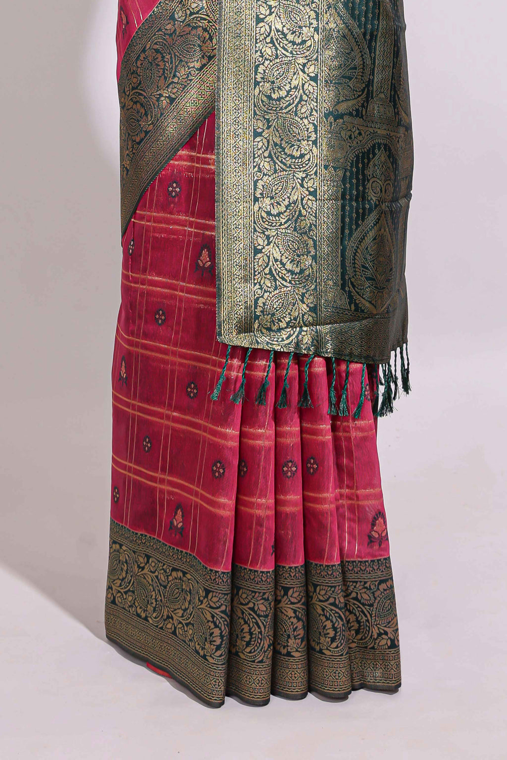 Maroon zari motifs design banarasi silk saree with contrast zari border and buttas blouse