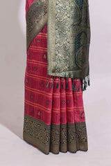 Maroon zari motifs design banarasi silk saree with contrast zari border and buttas blouse