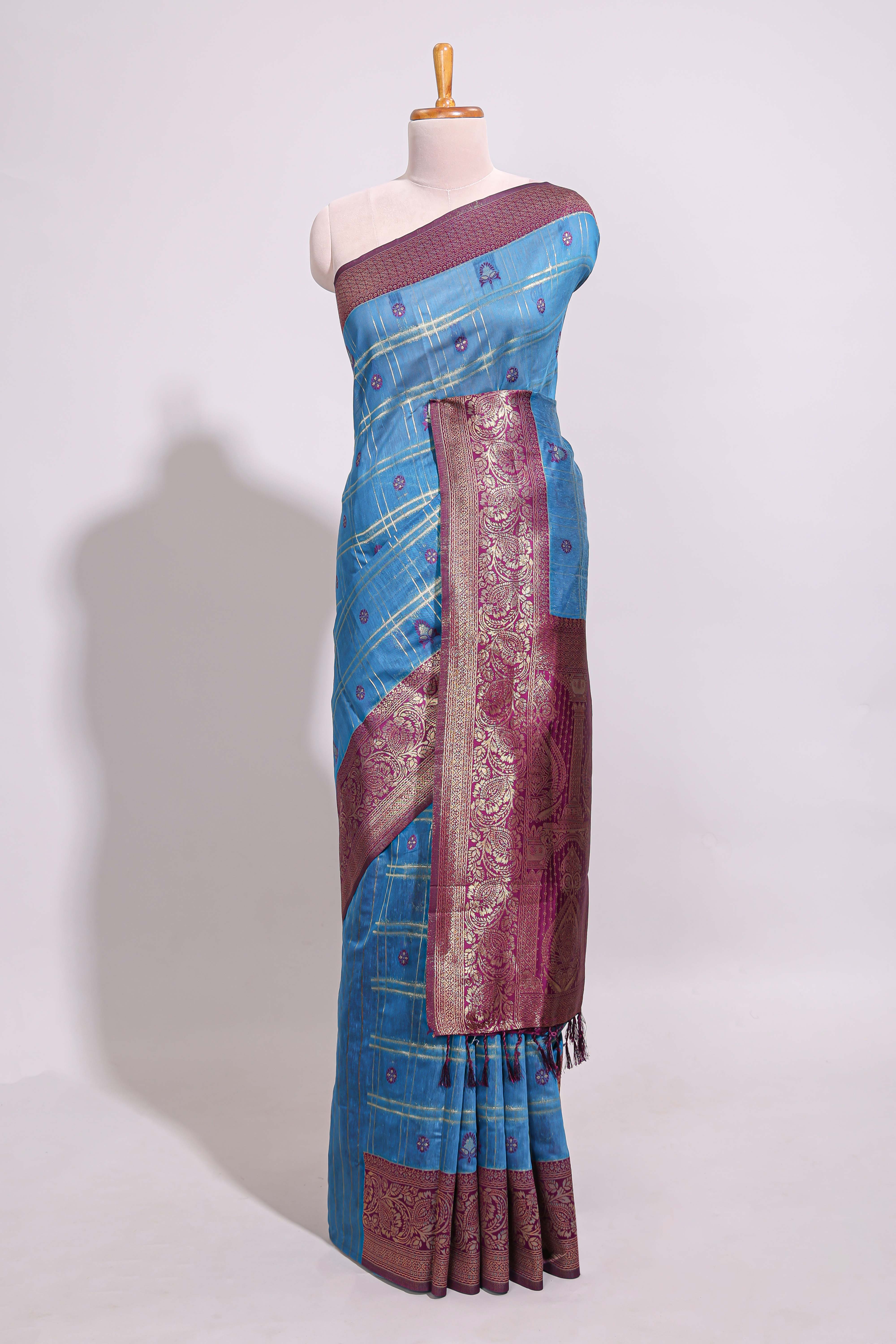 Blue zari motifs design banarasi silk saree with contrast zari border and buttas blouse