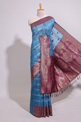 Blue zari motifs design banarasi silk saree with contrast zari border and buttas blouse