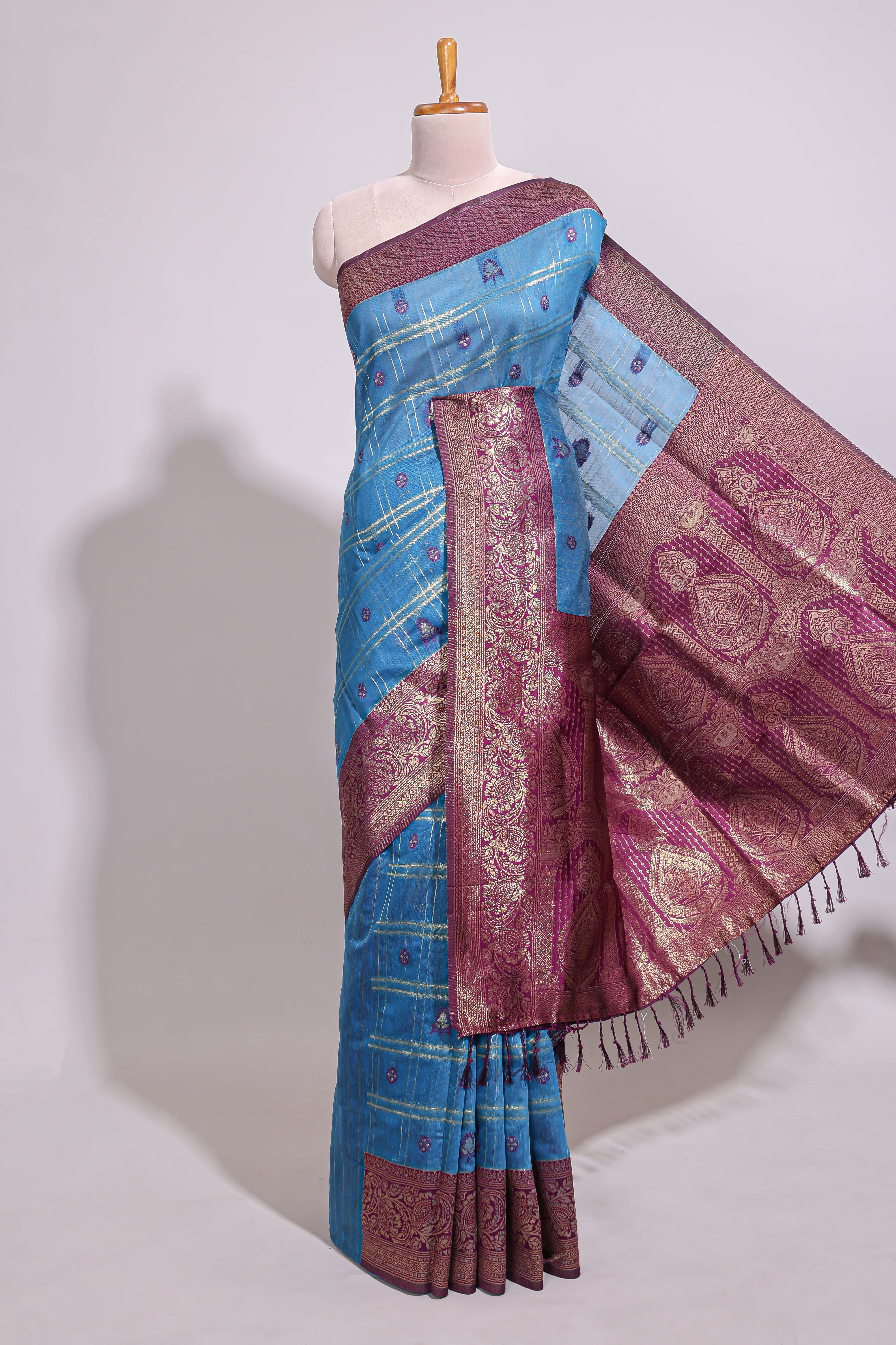 Blue zari motifs design banarasi silk saree with contrast zari border and buttas blouse