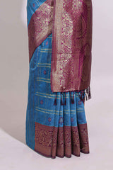Blue zari motifs design banarasi silk saree with contrast zari border and buttas blouse