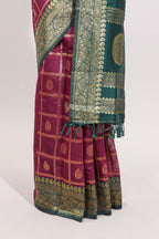 Magenta all-over checked grid pattern and butta banarasi silk saree with green contrast floral zari border and buttas blouse